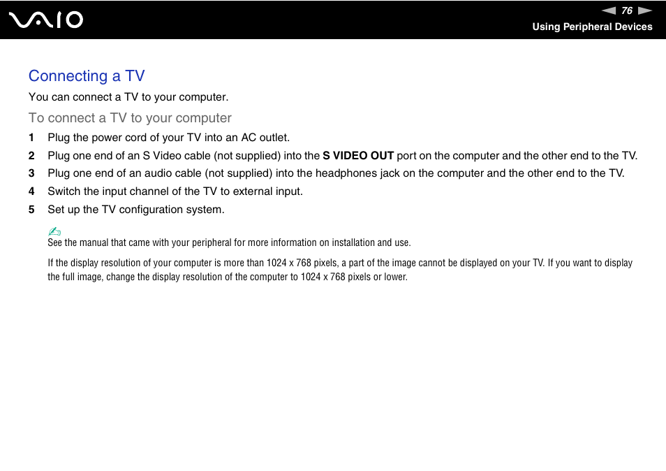 Connecting a tv | Sony VGN-CR100 User Manual | Page 76 / 194