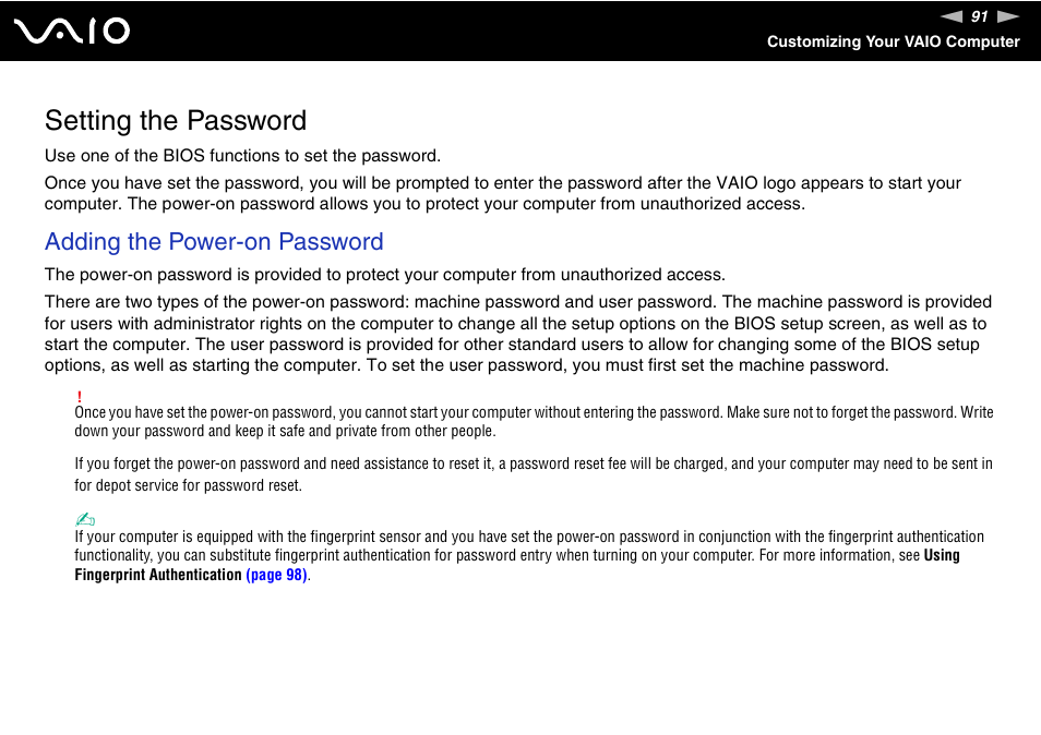 Setting the password, Adding the power-on password | Sony VGN-CR100 User Manual | Page 91 / 194