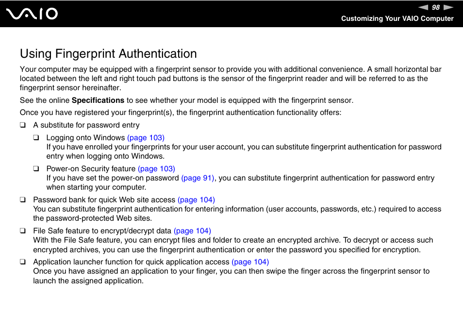 Using fingerprint authentication, Tion | Sony VGN-CR100 User Manual | Page 98 / 194