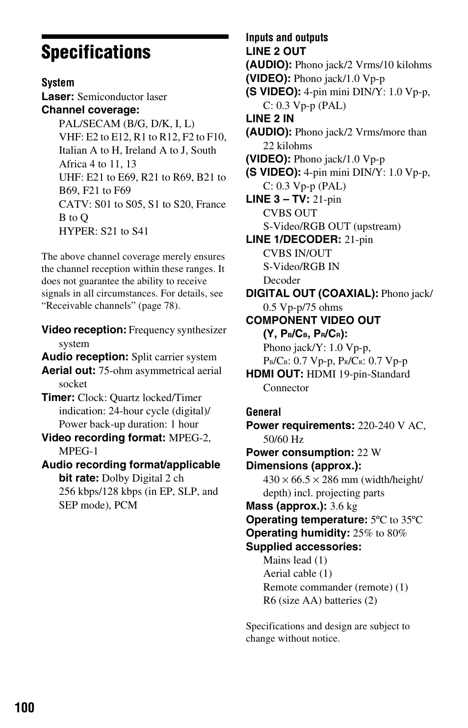 Specifications | Sony RDR-GX350 User Manual | Page 100 / 112