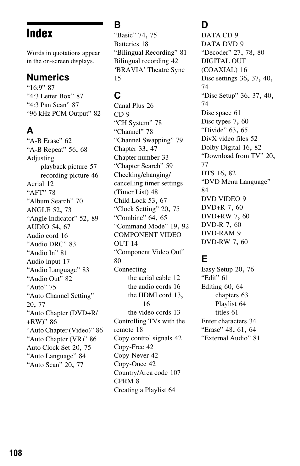 Index, Numerics | Sony RDR-GX350 User Manual | Page 108 / 112