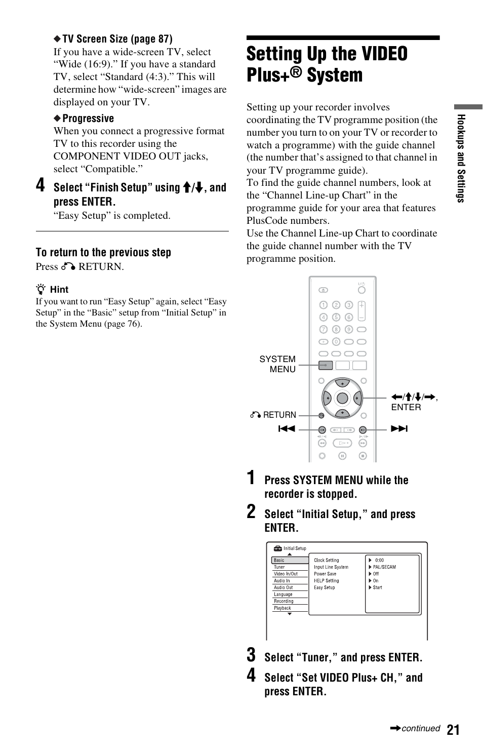 Setting up the video plus+® system, Setting up the video plus, System | Sony RDR-GX350 User Manual | Page 21 / 112
