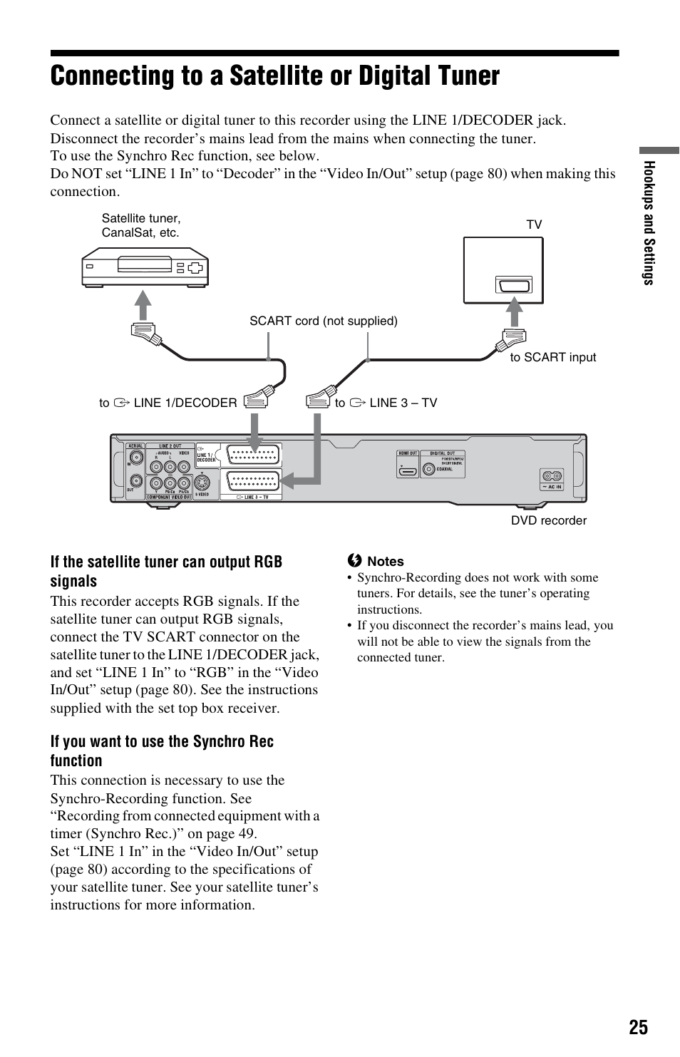 Connecting to a satellite or digital tuner | Sony RDR-GX350 User Manual | Page 25 / 112