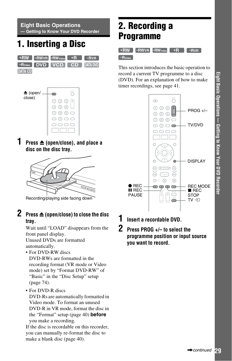 Inserting a disc, Recording a programme, Inserting a disc 2. recording a programme | Eight basic operations, Inserting a disc 1 | Sony RDR-GX350 User Manual | Page 29 / 112