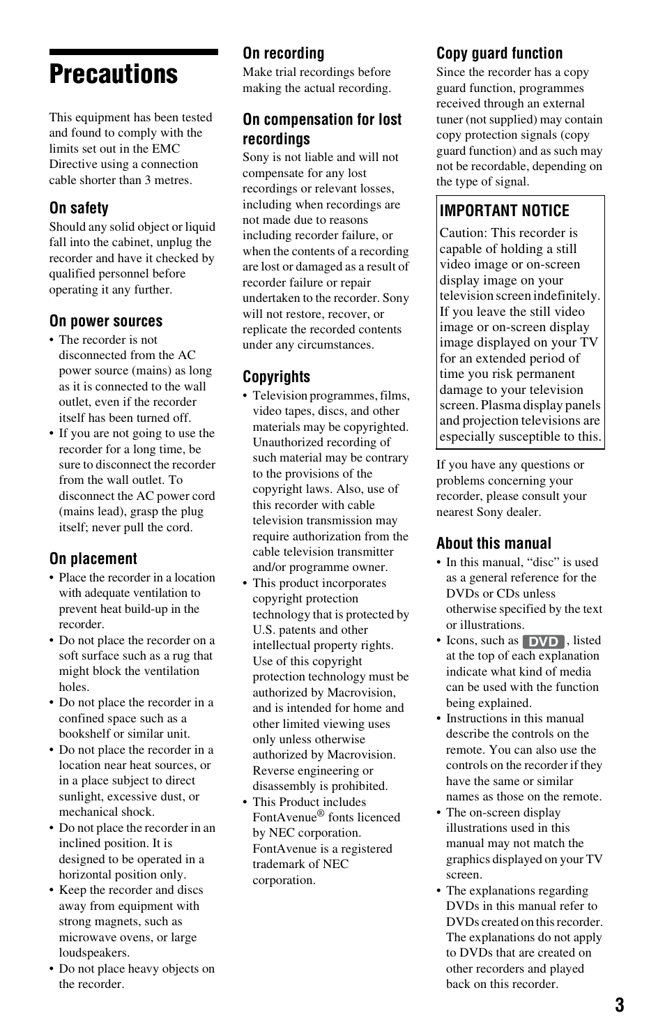 Precautions | Sony RDR-GX350 User Manual | Page 3 / 112