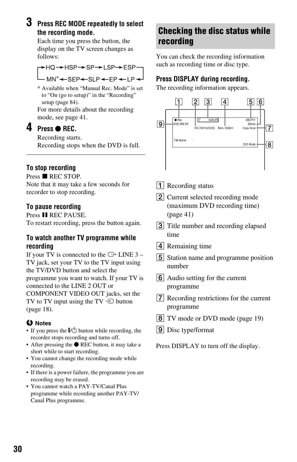 Checking the disc status while recording | Sony RDR-GX350 User Manual | Page 30 / 112