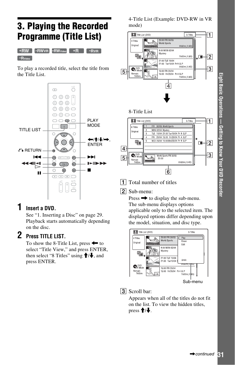 Playing the recorded programme (title list) | Sony RDR-GX350 User Manual | Page 31 / 112