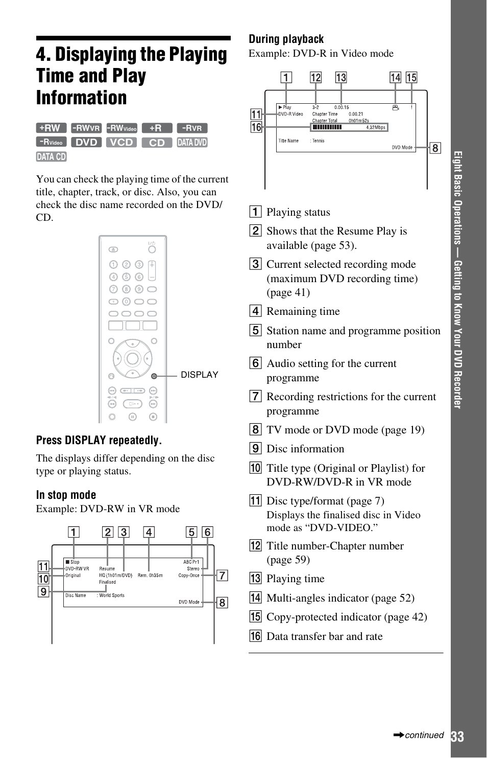 Displaying the playing time and play information | Sony RDR-GX350 User Manual | Page 33 / 112