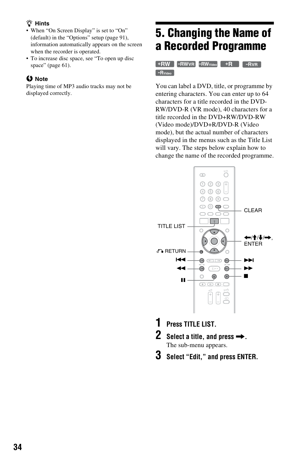 Changing the name of a recorded programme | Sony RDR-GX350 User Manual | Page 34 / 112