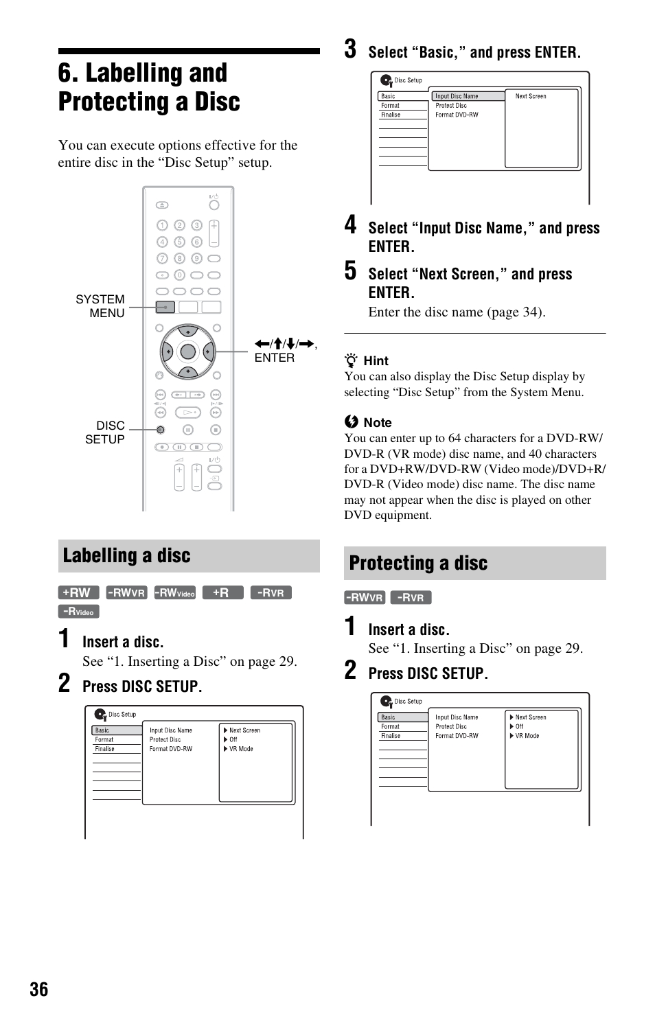 Labelling and protecting a disc, Labelling a disc, Protecting a disc | Labelling a disc protecting a disc | Sony RDR-GX350 User Manual | Page 36 / 112
