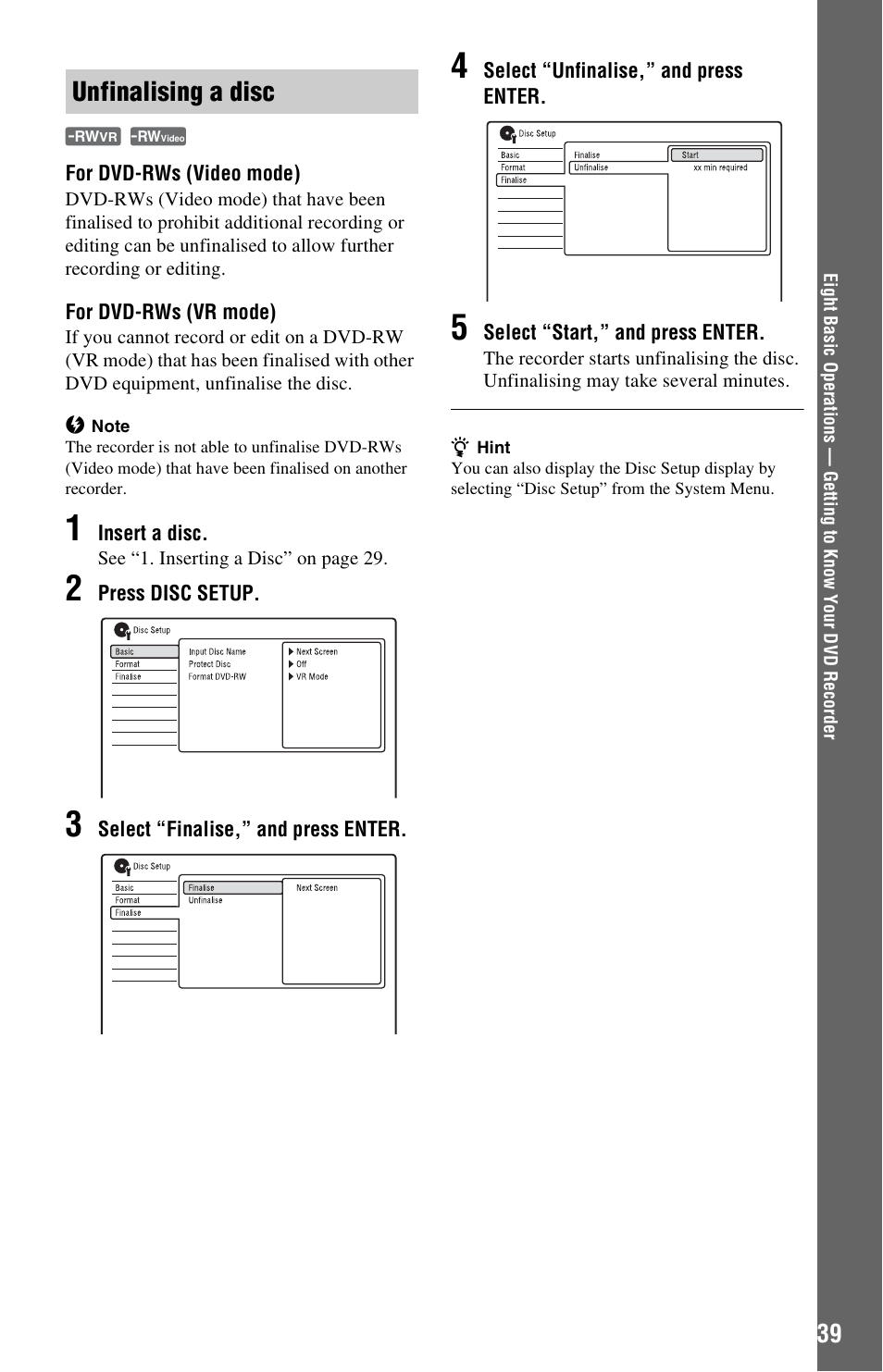Unfinalising a disc | Sony RDR-GX350 User Manual | Page 39 / 112