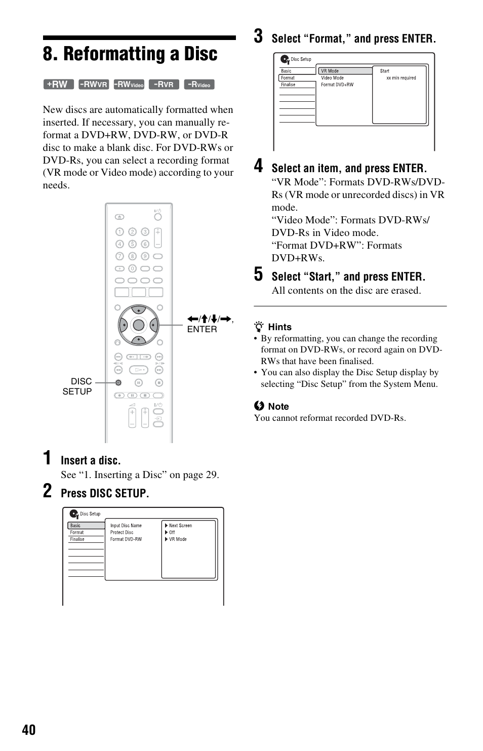 Reformatting a disc | Sony RDR-GX350 User Manual | Page 40 / 112