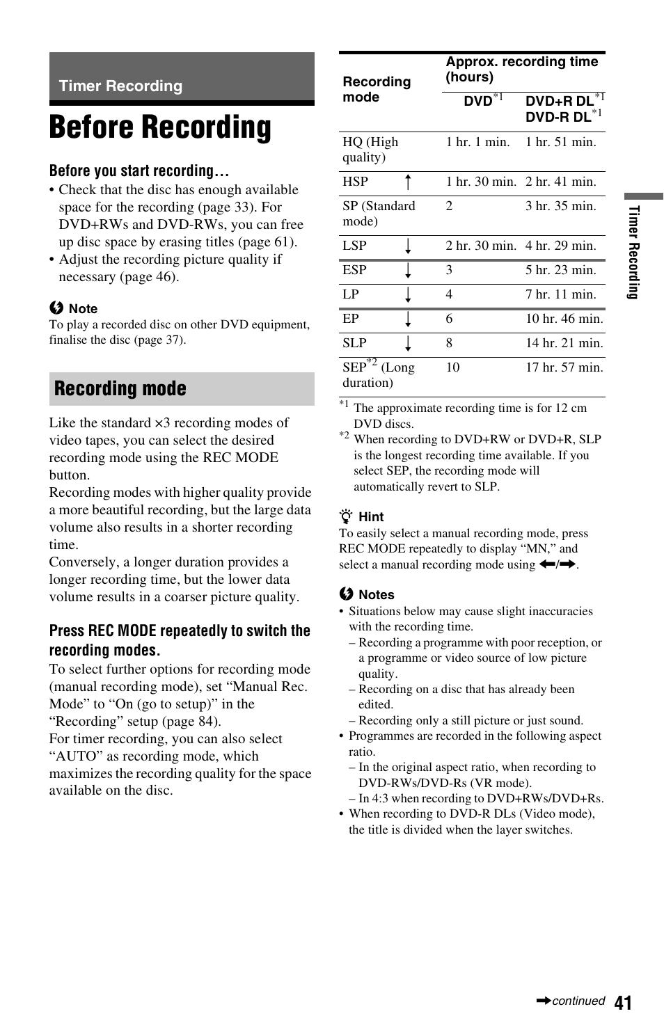 Timer recording, Before recording, Recording mode | Sony RDR-GX350 User Manual | Page 41 / 112