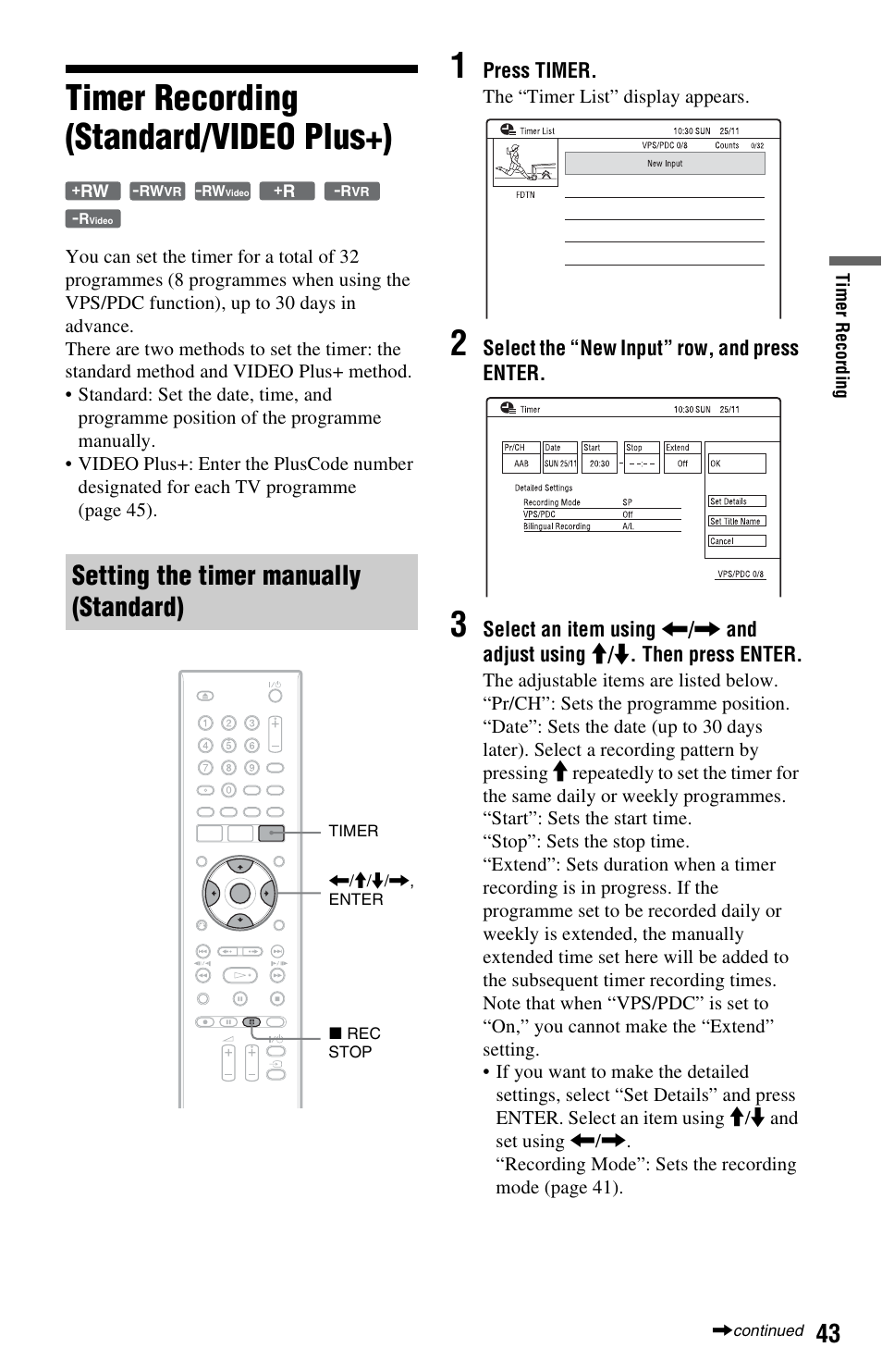 Timer recording (standard/video plus+), Setting the timer manually (standard) | Sony RDR-GX350 User Manual | Page 43 / 112