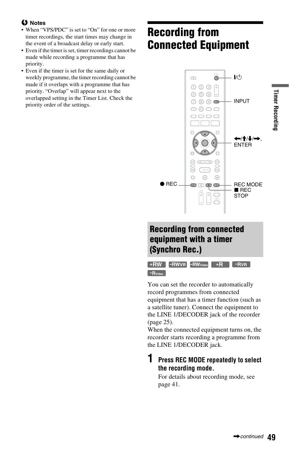Recording from connected equipment | Sony RDR-GX350 User Manual | Page 49 / 112