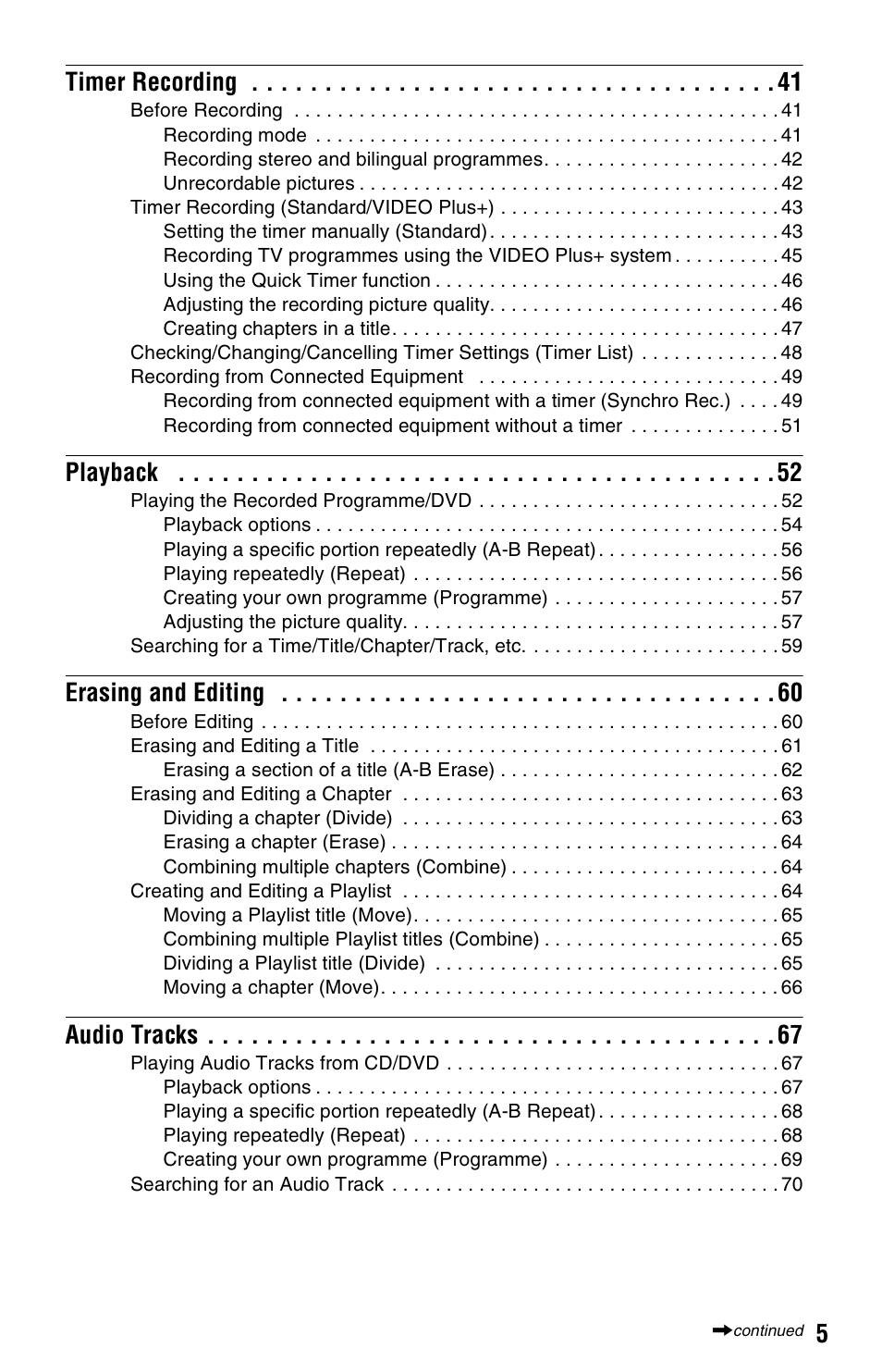 5timer recording, Playback, Erasing and editing | Audio tracks | Sony RDR-GX350 User Manual | Page 5 / 112