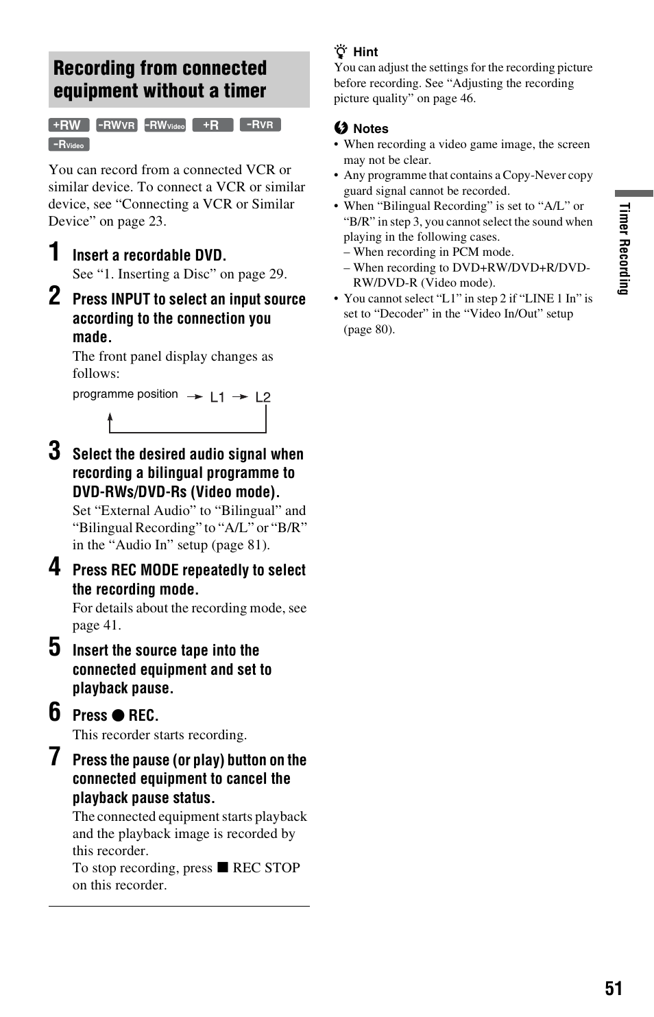 Recording from connected equipment without a timer | Sony RDR-GX350 User Manual | Page 51 / 112
