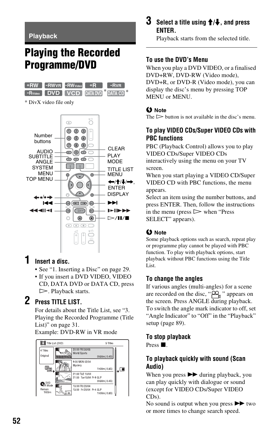 Playback, Playing the recorded programme/dvd | Sony RDR-GX350 User Manual | Page 52 / 112