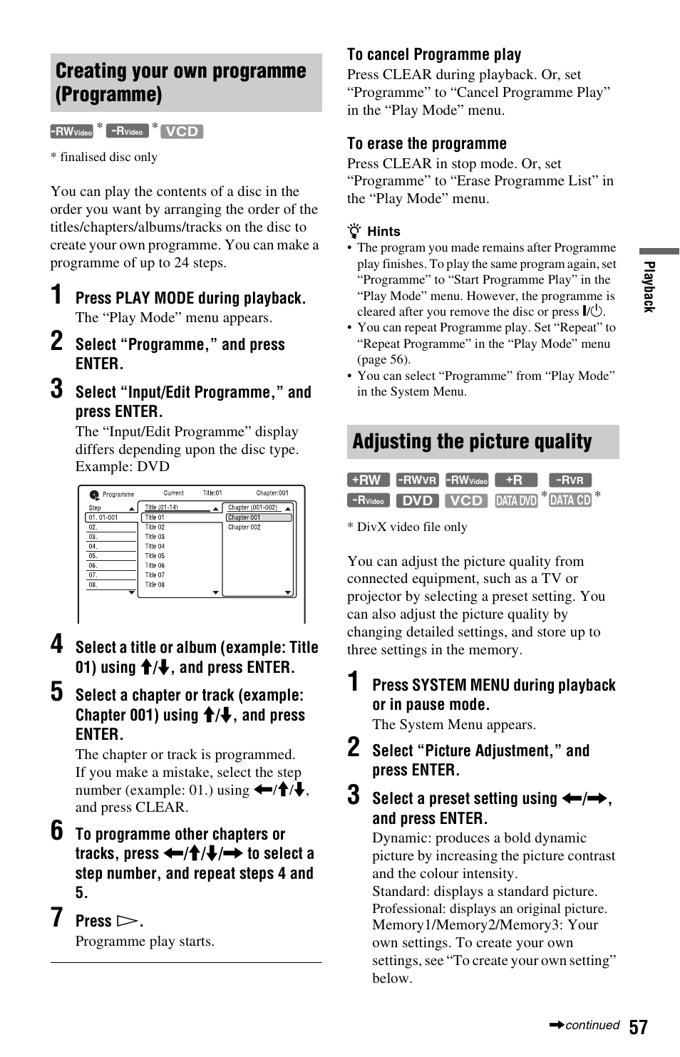 Creating your own programme (programme), Adjusting the picture quality | Sony RDR-GX350 User Manual | Page 57 / 112
