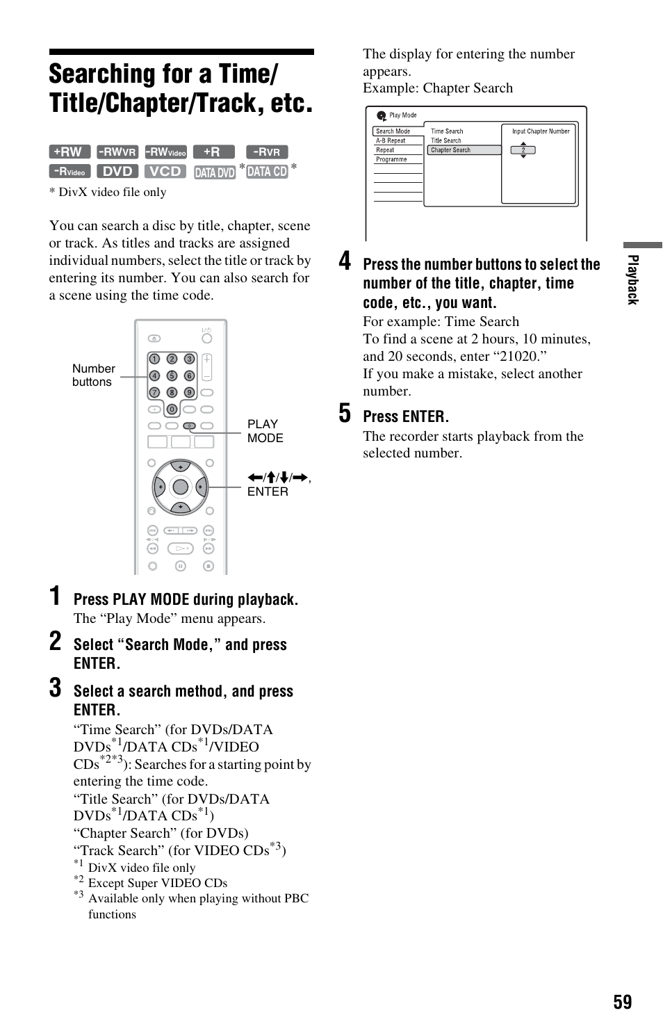 Searching for a time/title/chapter/track, etc, Searching for a time/ title/chapter/track, etc | Sony RDR-GX350 User Manual | Page 59 / 112