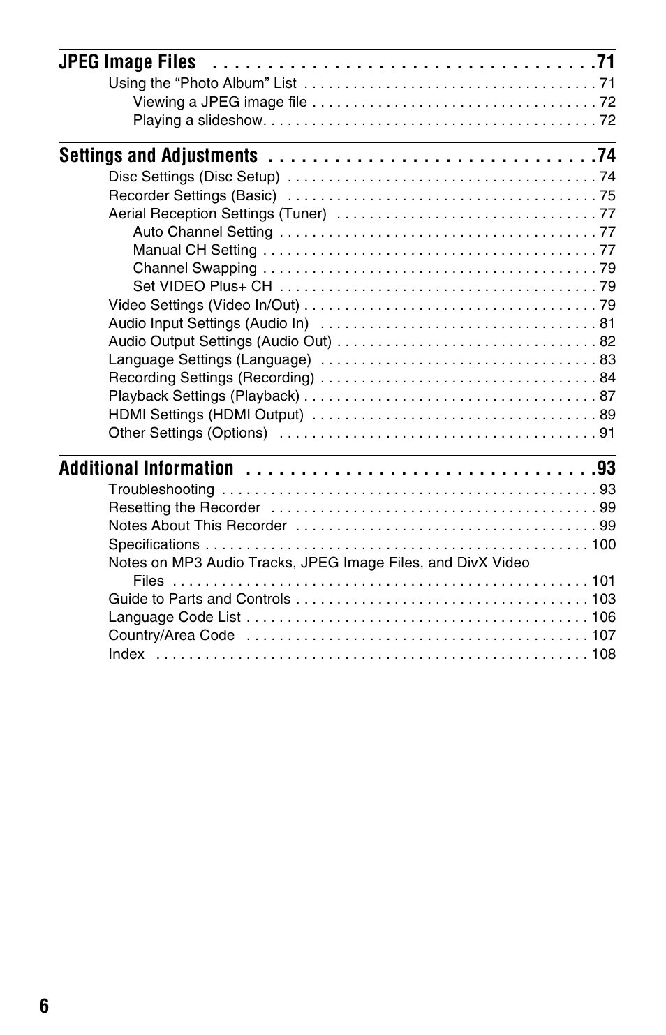 6jpeg image files, Settings and adjustments, Additional information | Sony RDR-GX350 User Manual | Page 6 / 112