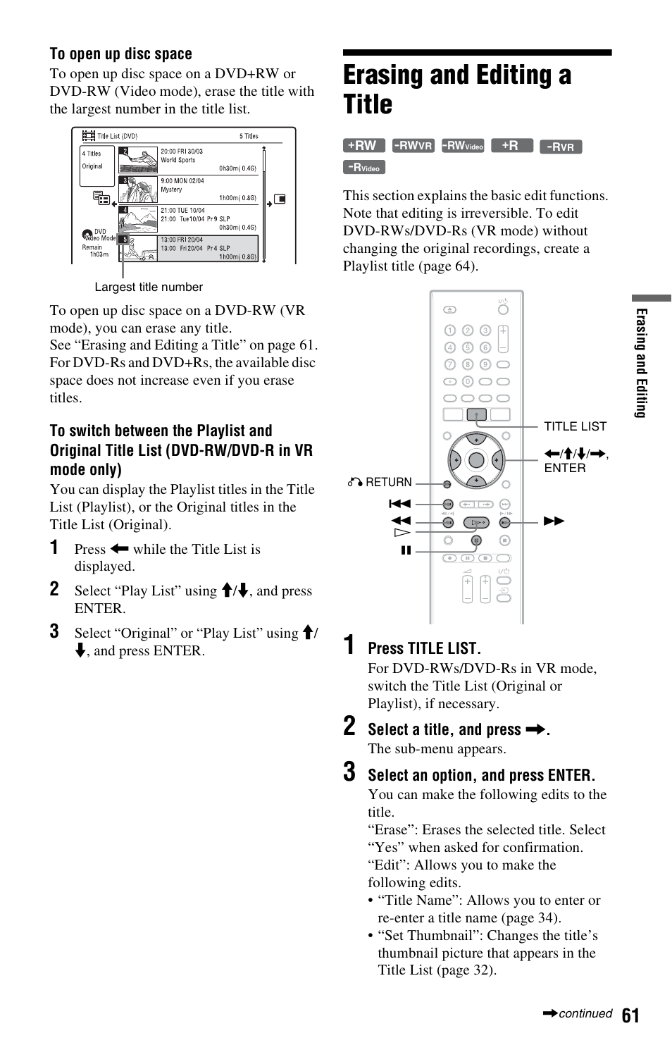 Erasing and editing a title | Sony RDR-GX350 User Manual | Page 61 / 112