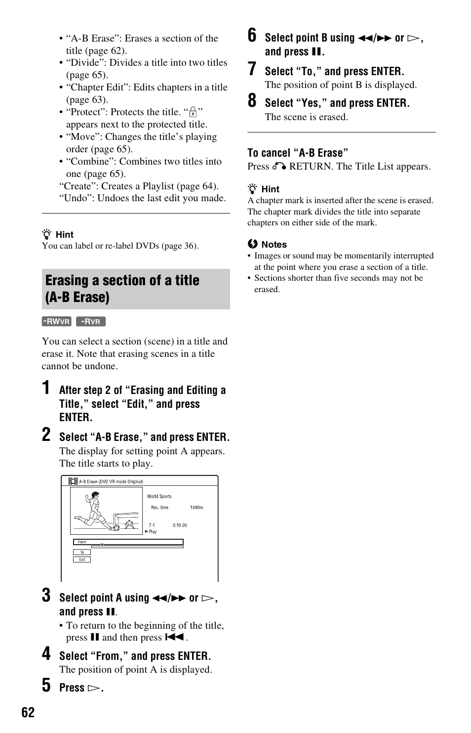 Erasing a section of a title (a-b erase) | Sony RDR-GX350 User Manual | Page 62 / 112