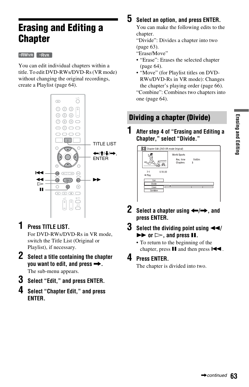 Erasing and editing a chapter, Dividing a chapter (divide) | Sony RDR-GX350 User Manual | Page 63 / 112