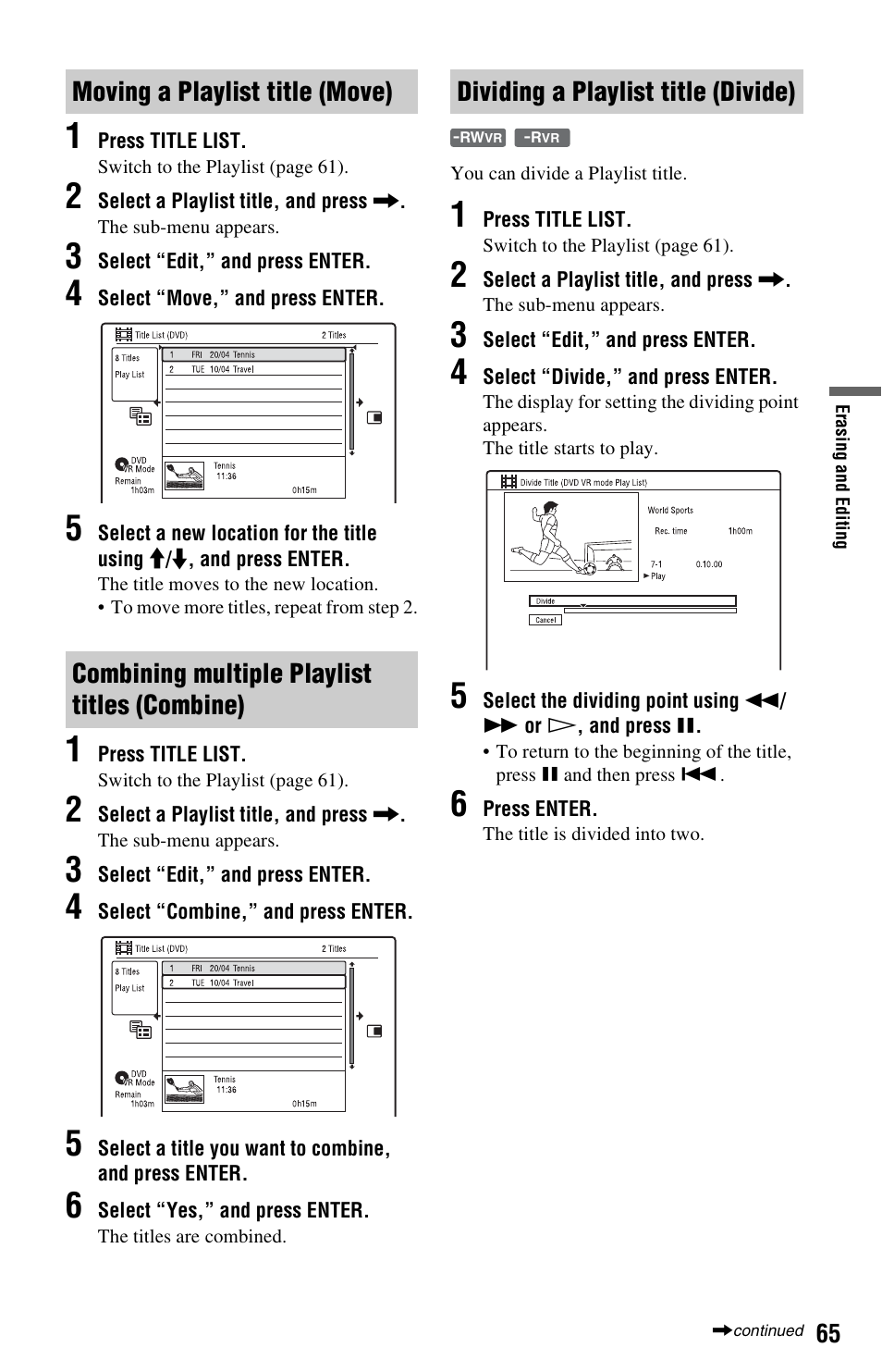 Moving a playlist title (move), Combining multiple playlist titles (combine), Dividing a playlist title (divide) | Sony RDR-GX350 User Manual | Page 65 / 112