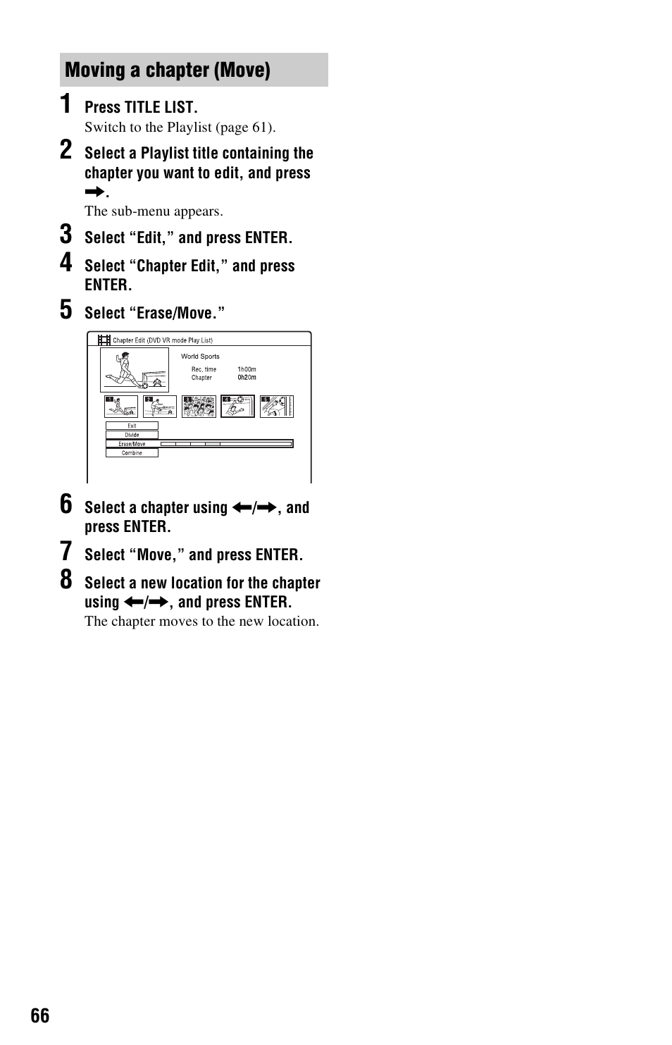 Moving a chapter (move) | Sony RDR-GX350 User Manual | Page 66 / 112