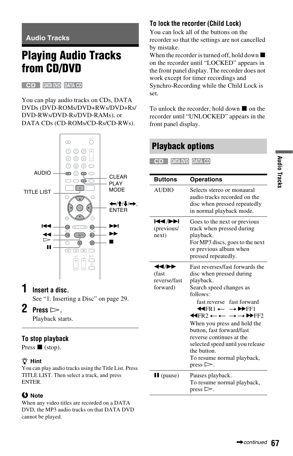 Audio tracks, Playing audio tracks from cd/dvd, Playback options | Sony RDR-GX350 User Manual | Page 67 / 112