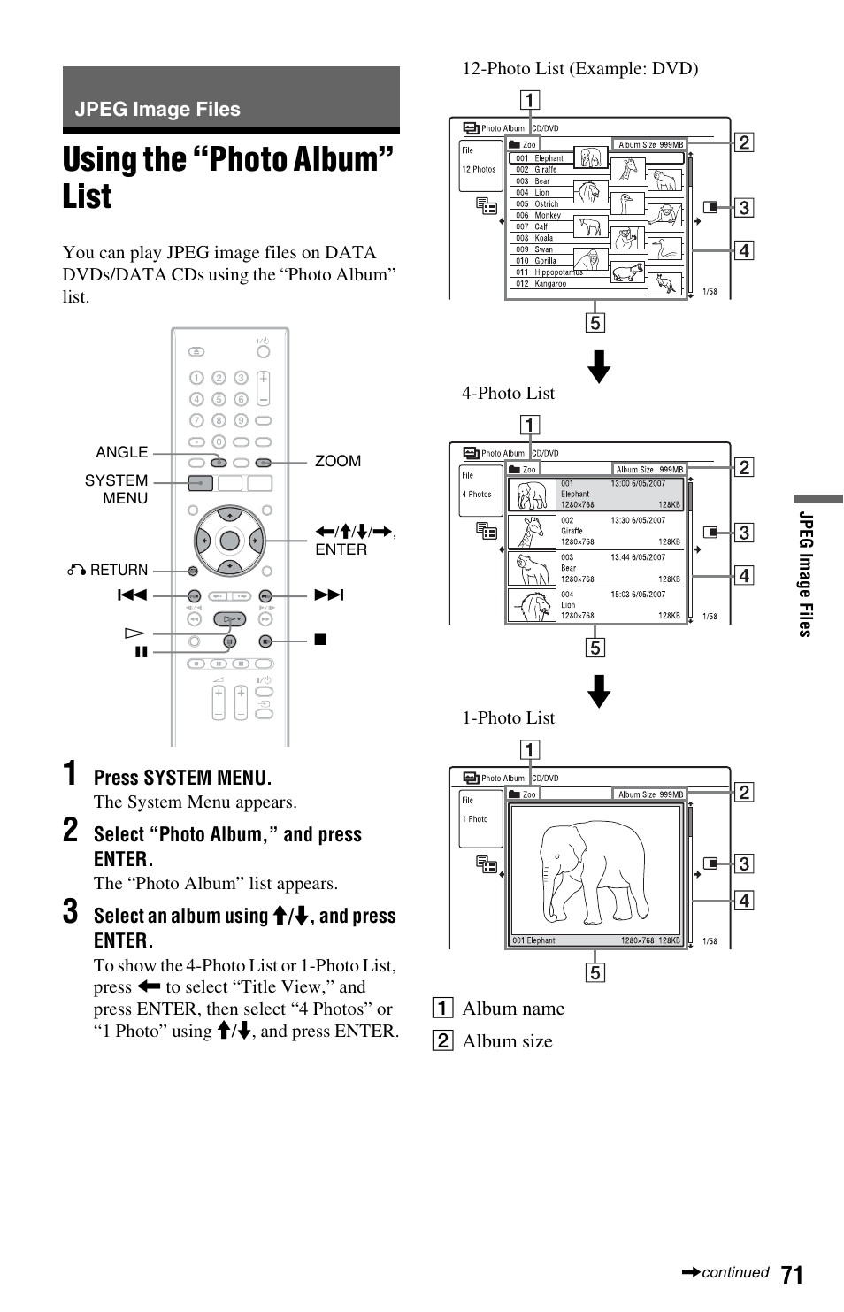 Jpeg image files, Using the “photo album” list | Sony RDR-GX350 User Manual | Page 71 / 112