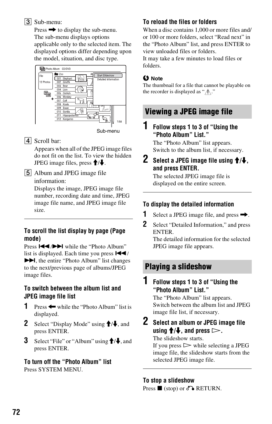 Viewing a jpeg image file, Playing a slideshow, Viewing a jpeg image file playing a slideshow | Sony RDR-GX350 User Manual | Page 72 / 112
