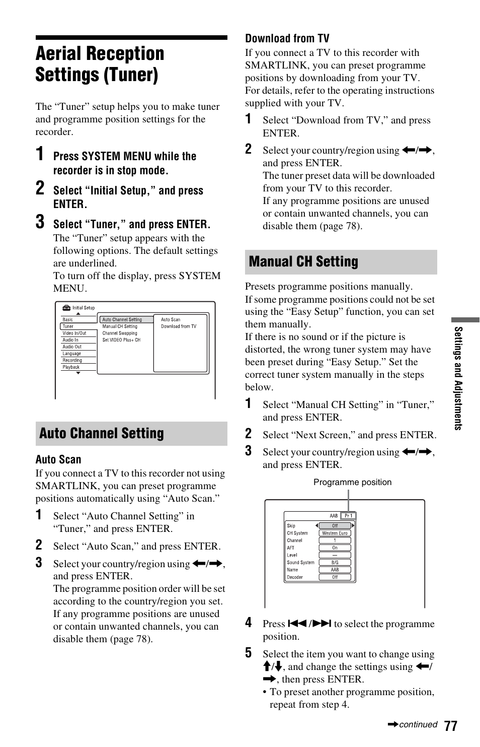 Aerial reception settings (tuner), Auto channel setting, Manual ch setting | Auto channel setting manual ch setting | Sony RDR-GX350 User Manual | Page 77 / 112