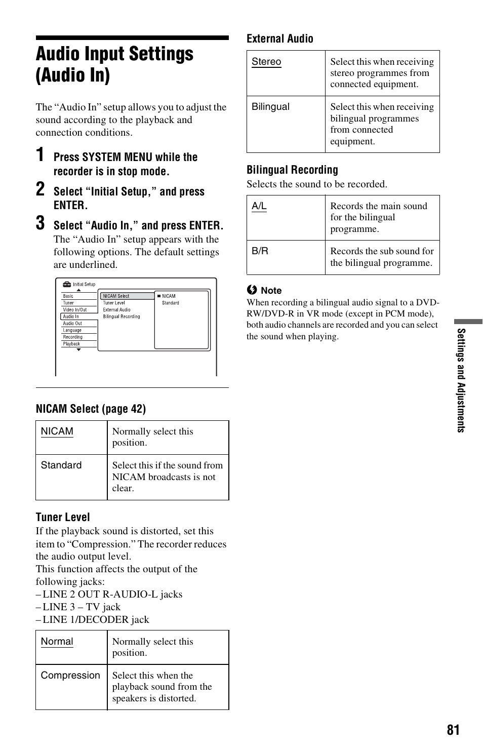 Audio input settings (audio in) | Sony RDR-GX350 User Manual | Page 81 / 112
