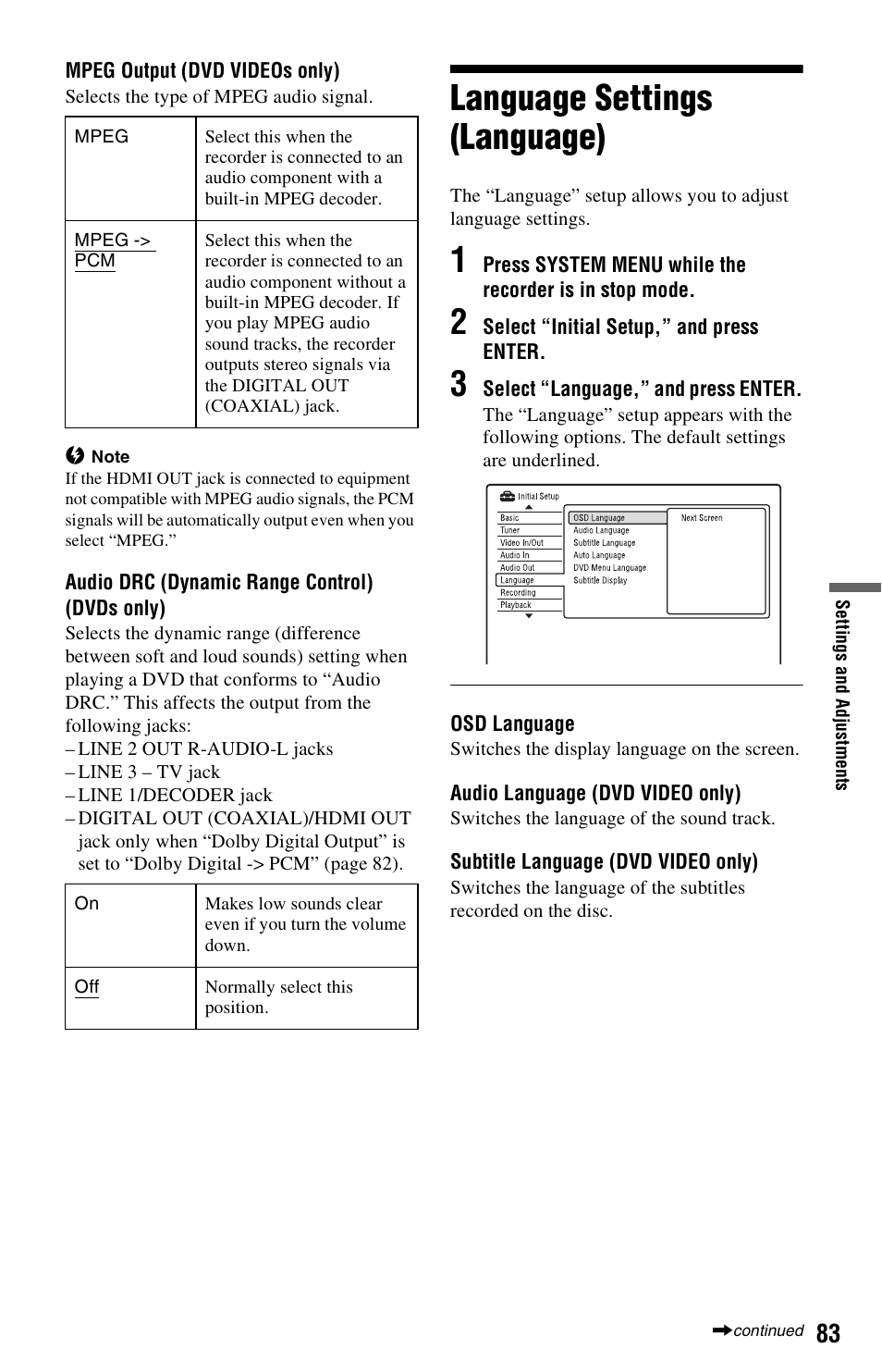 Language settings (language) | Sony RDR-GX350 User Manual | Page 83 / 112