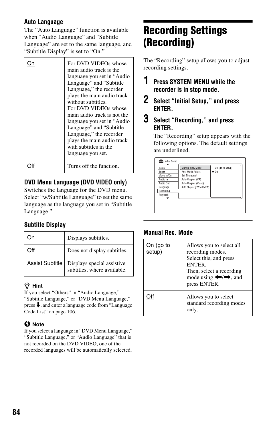Recording settings (recording) | Sony RDR-GX350 User Manual | Page 84 / 112