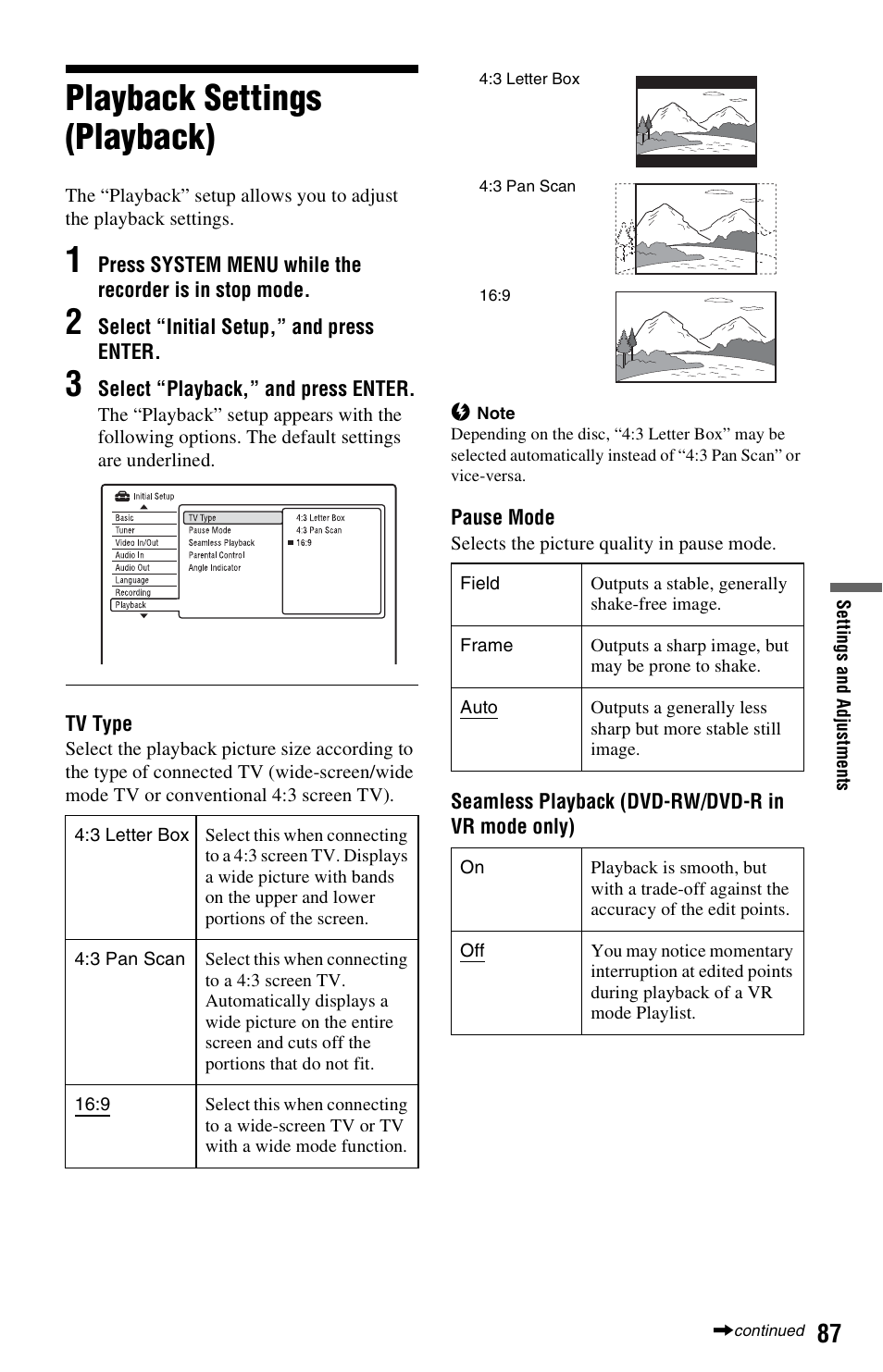 Playback settings (playback) | Sony RDR-GX350 User Manual | Page 87 / 112