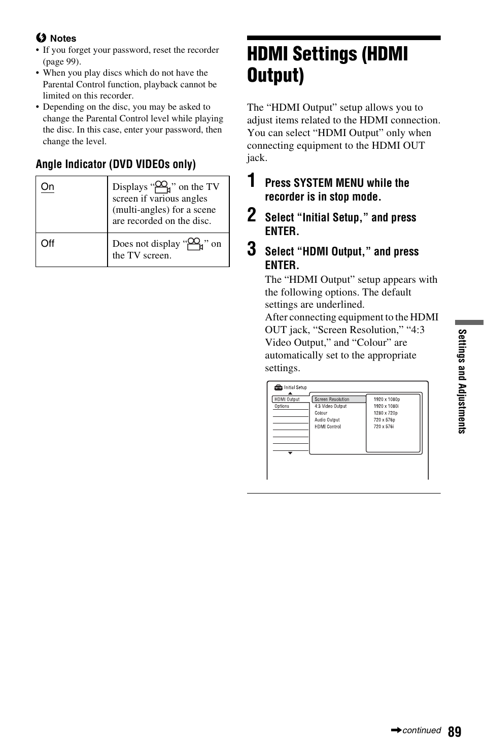 Hdmi settings (hdmi output) | Sony RDR-GX350 User Manual | Page 89 / 112