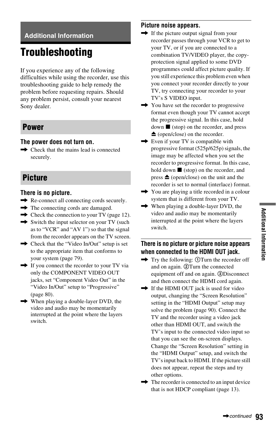 Additional information, Troubleshooting, Power picture | Sony RDR-GX350 User Manual | Page 93 / 112