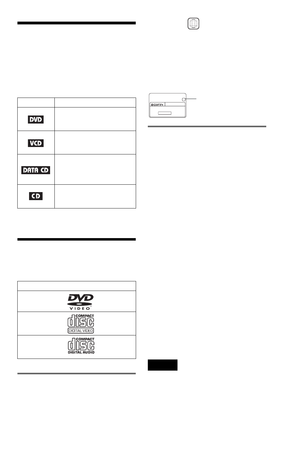 About this manual, This player can play the following discs, Region code | Example of discs that the player cannot play | Sony DVP-NC615 User Manual | Page 7 / 76