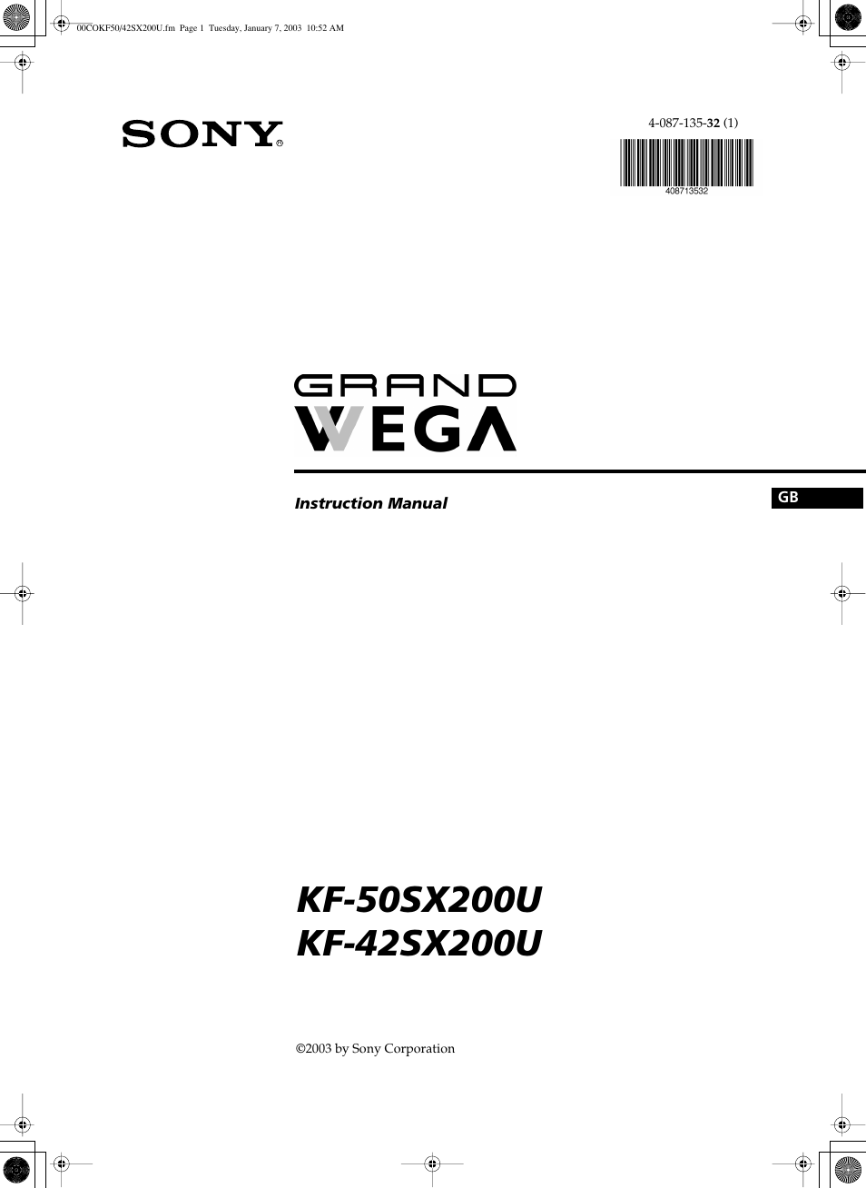 Sony Grand Wega KF-50SX200U User Manual | 39 pages