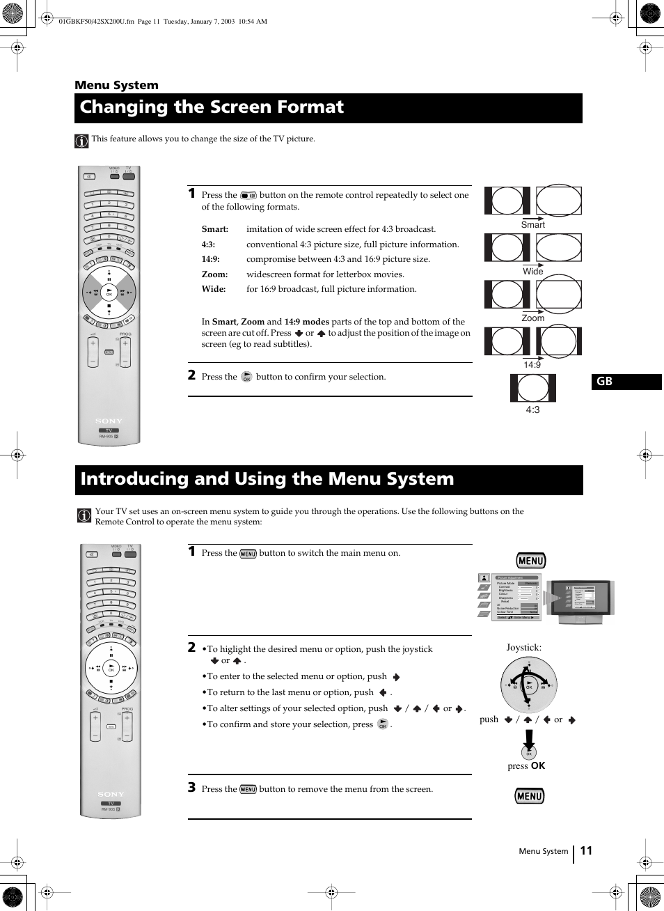 Changing the screen format, Introducing and using the menu system, 11 gb | Menu system | Sony Grand Wega KF-50SX200U User Manual | Page 11 / 39