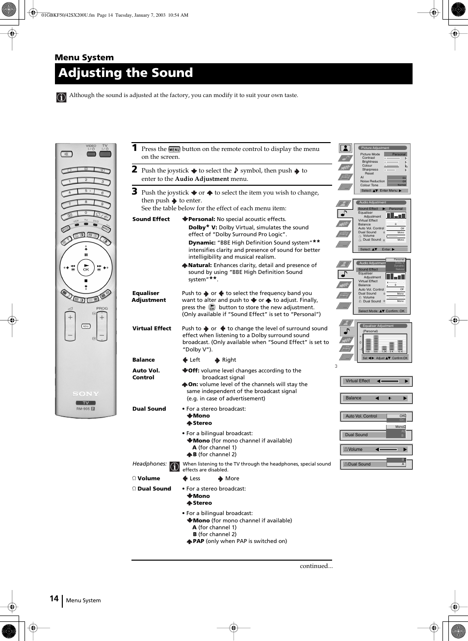 Adjusting the sound, Menu system | Sony Grand Wega KF-50SX200U User Manual | Page 14 / 39