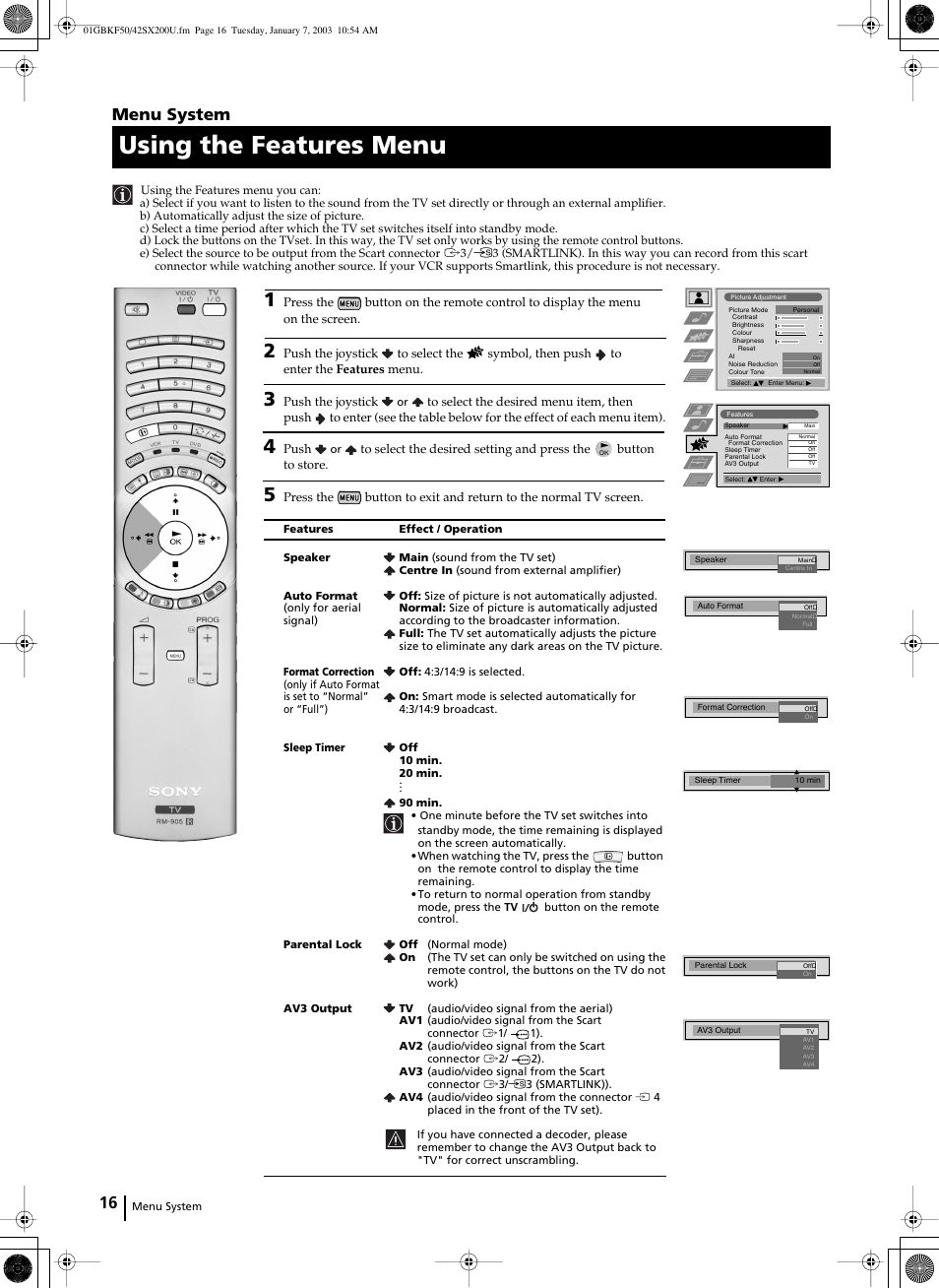 Using the features menu, Menu system | Sony Grand Wega KF-50SX200U User Manual | Page 16 / 39