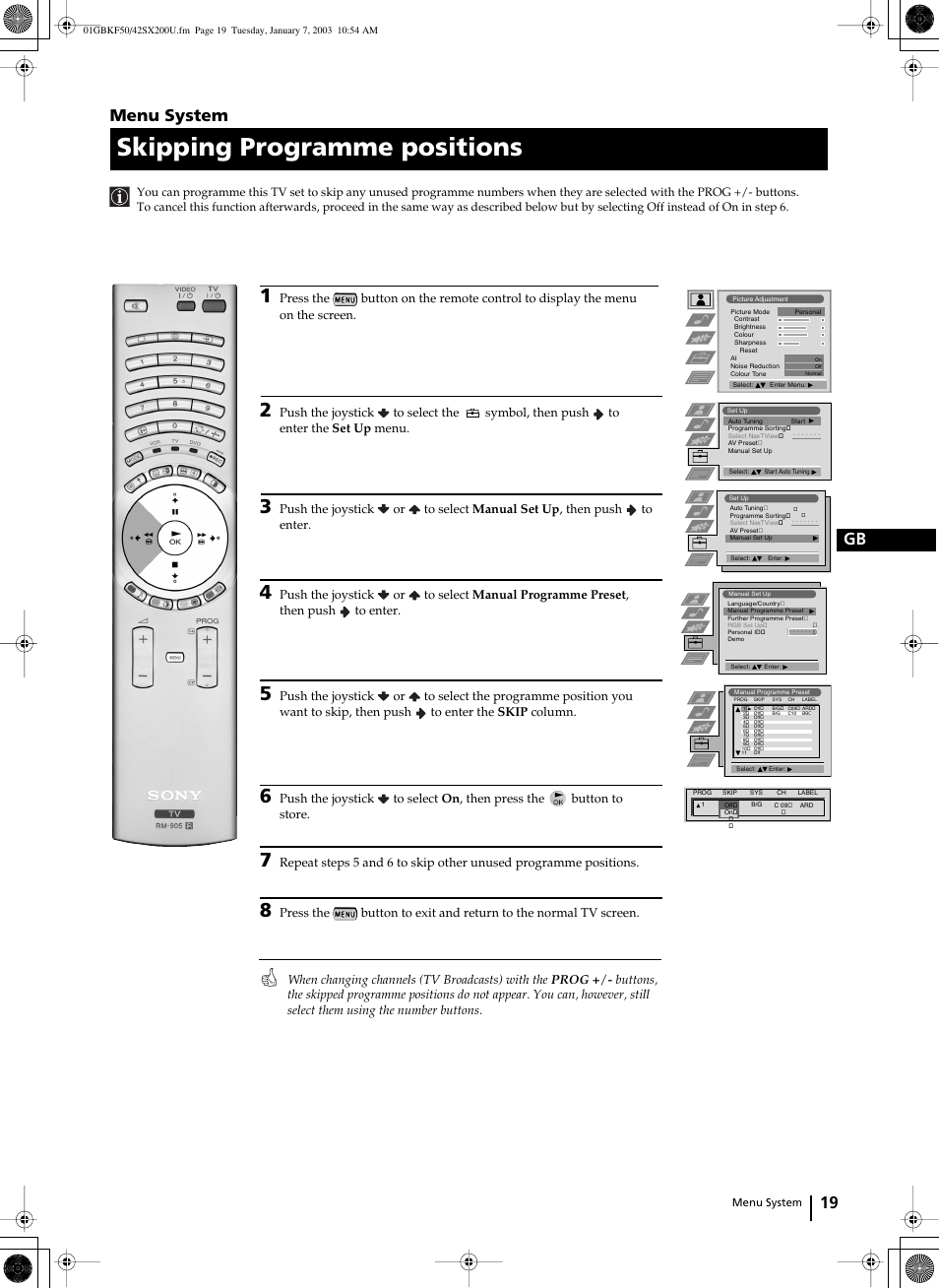 Skipping programme positions, 19 gb, Menu system | Sony Grand Wega KF-50SX200U User Manual | Page 19 / 39