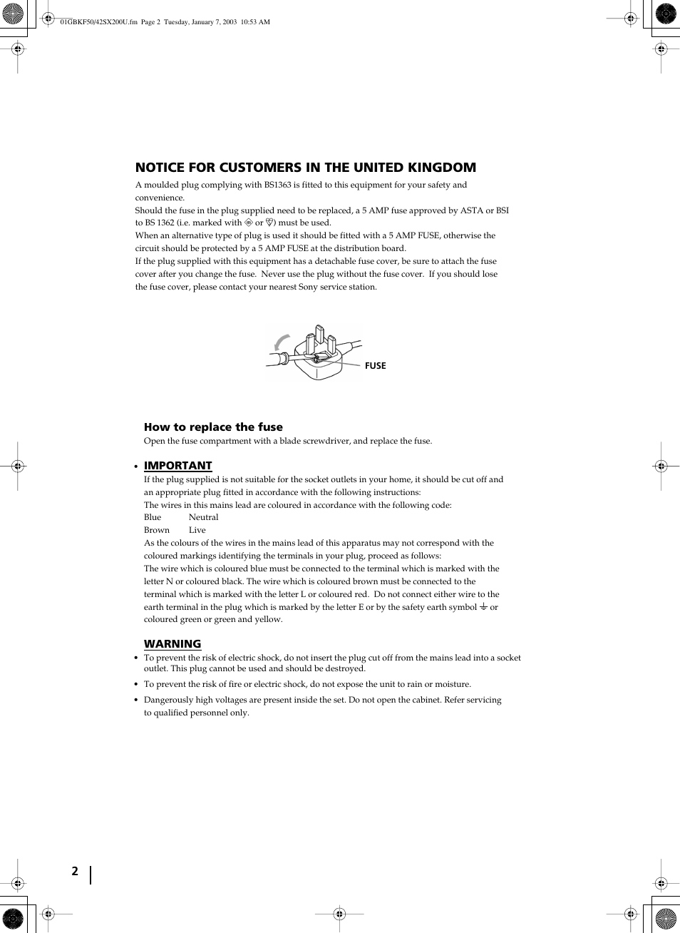 Notice for customers in the united kingdom | Sony Grand Wega KF-50SX200U User Manual | Page 2 / 39