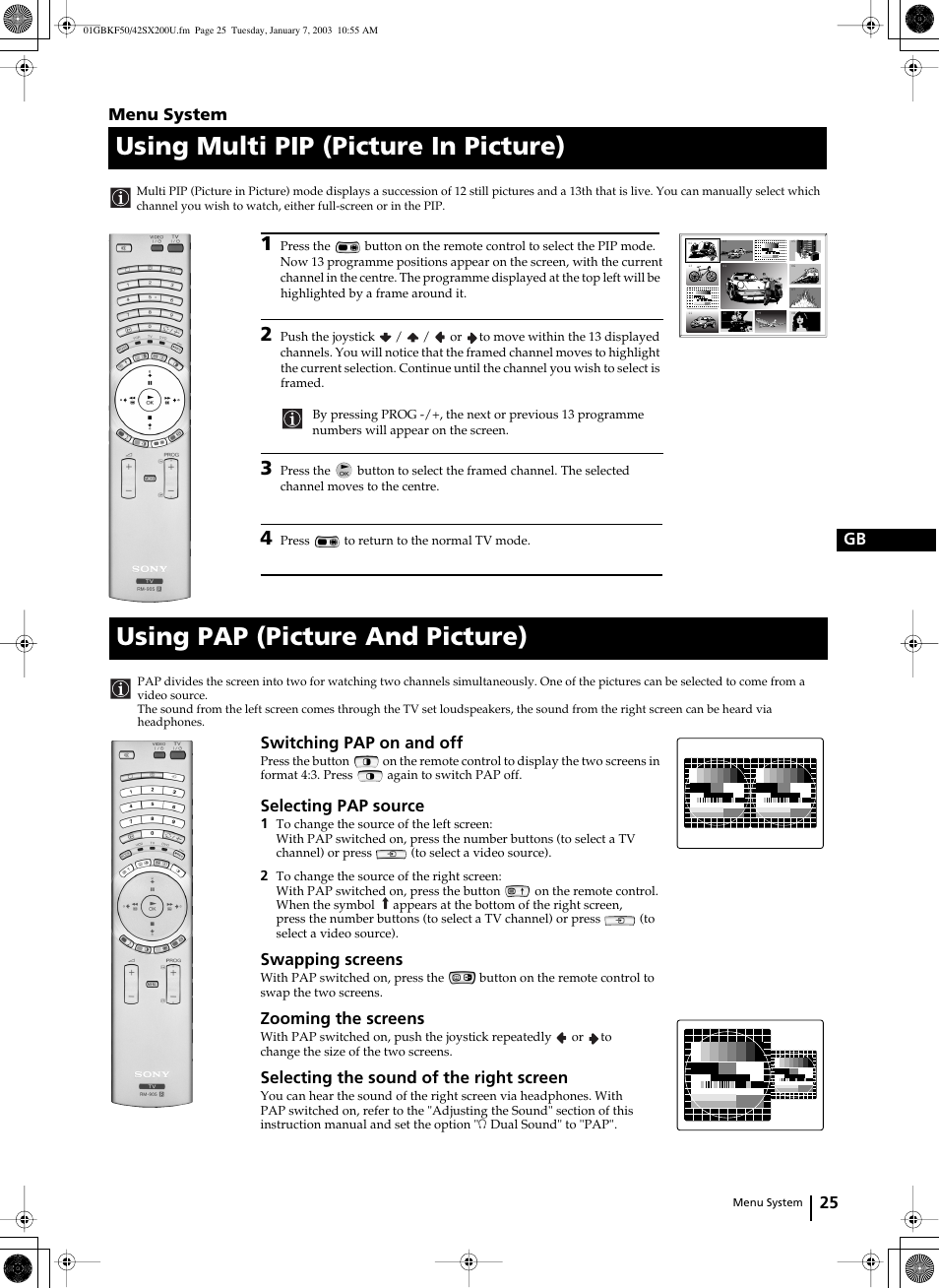 Using multi pip (picture in picture), Using pap (picture and picture), 25 gb | Menu system, Switching pap on and off, Selecting pap source, Swapping screens, Zooming the screens, Selecting the sound of the right screen | Sony Grand Wega KF-50SX200U User Manual | Page 25 / 39