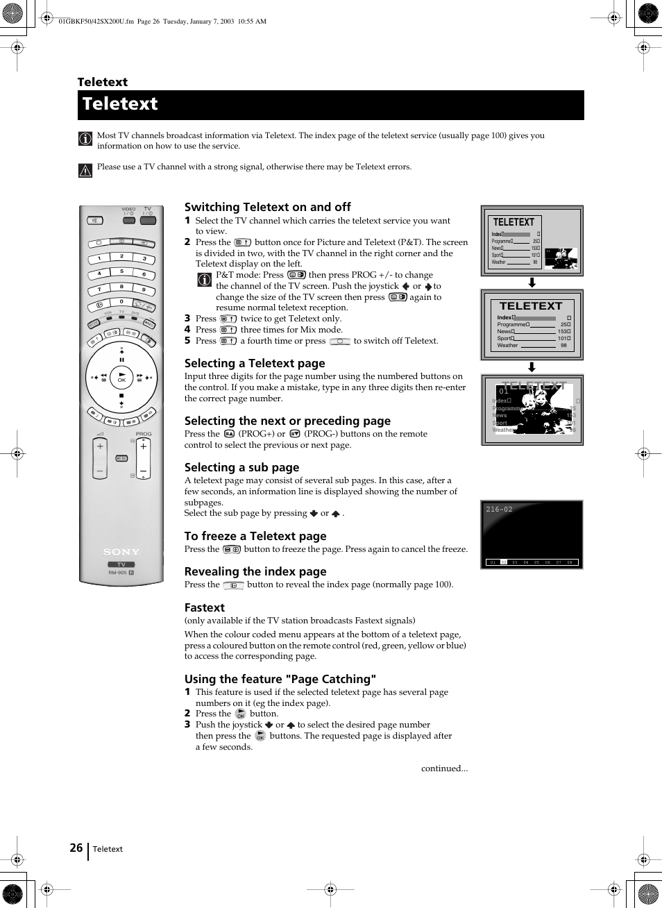 Teletext, Switching teletext on and off, Selecting a teletext page | Selecting the next or preceding page, Selecting a sub page, Revealing the index page, Fastext, Using the feature "page catching | Sony Grand Wega KF-50SX200U User Manual | Page 26 / 39