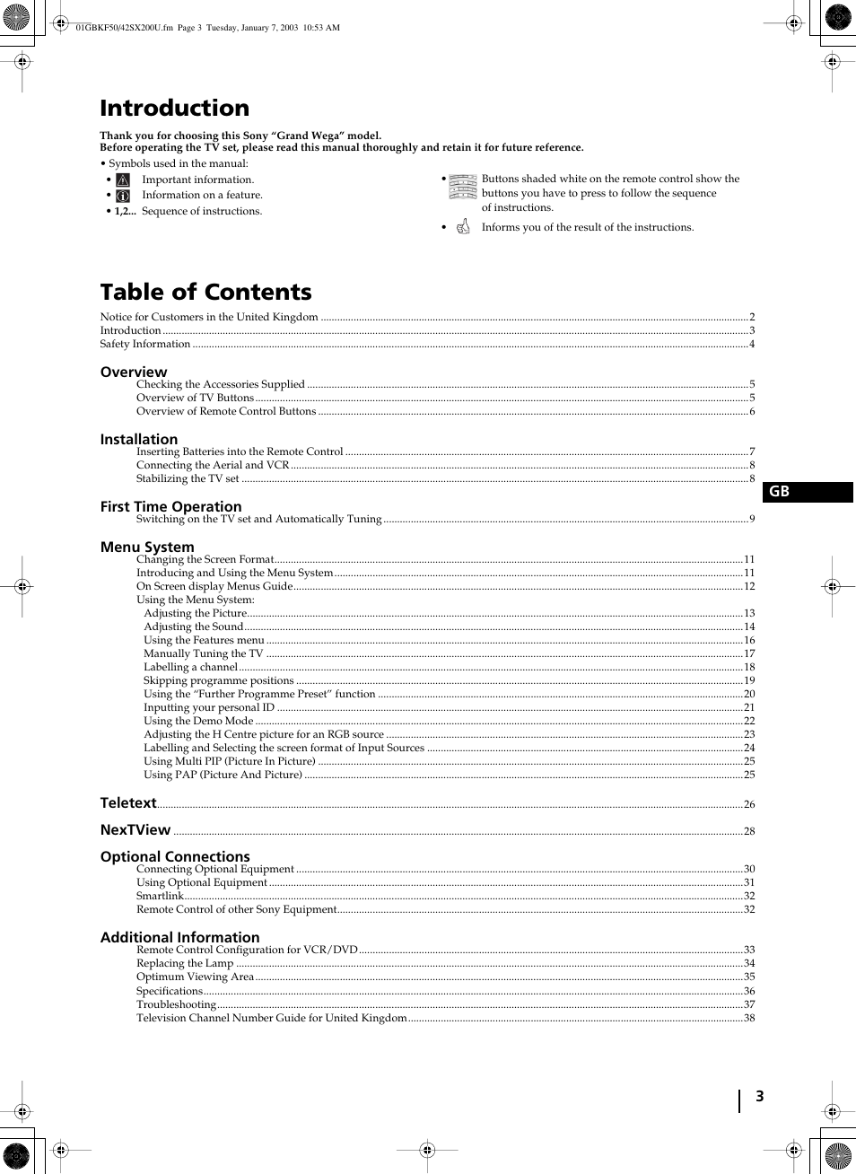 Sony Grand Wega KF-50SX200U User Manual | Page 3 / 39